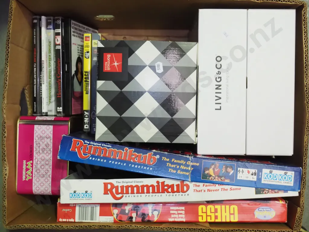 box; DVDs, board games, as-new glass ware Image 1++