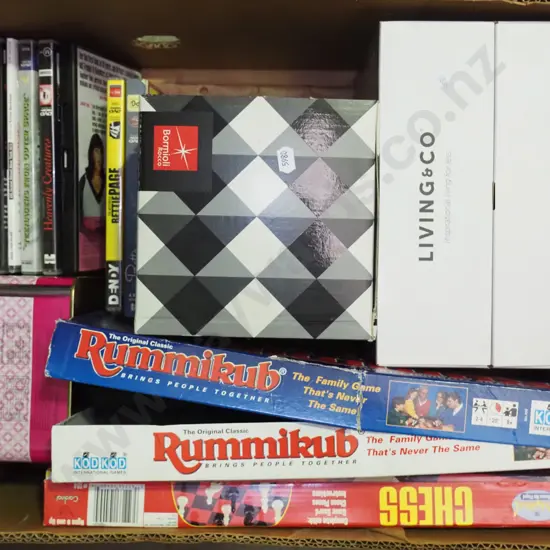 box; DVDs, board games, as-new glass ware