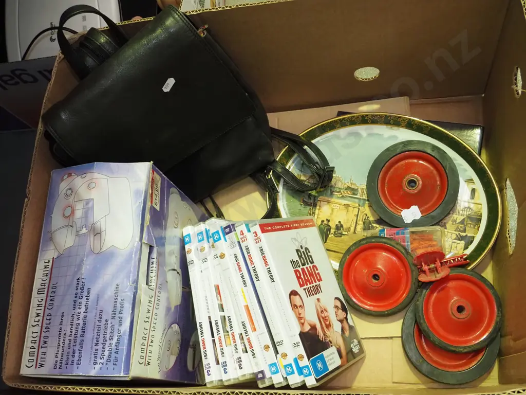 box; small leather backpack, compact sewing  machine, big band DVDs etc Image 1++