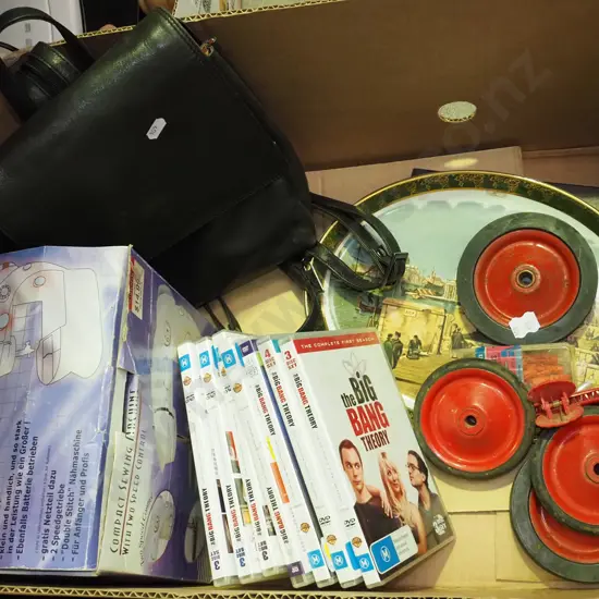 box; small leather backpack, compact sewing  machine, big band DVDs etc