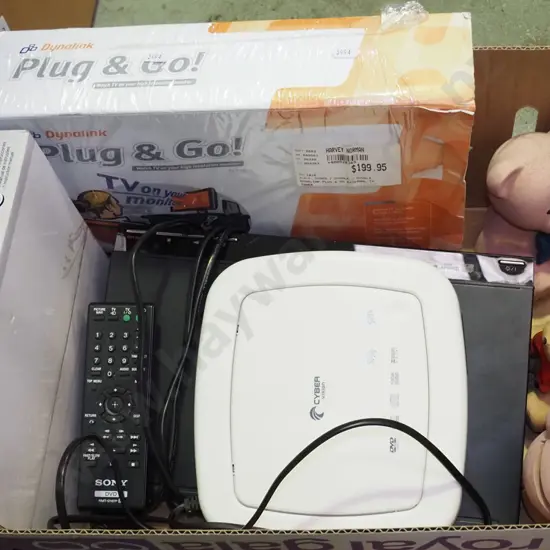 box; DVD players, plug and go monitor, TV adaptor etc