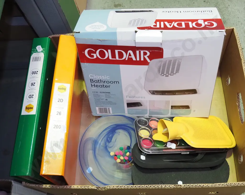 box; Goldaire heater, paints, folders etc Image 1++