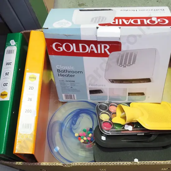 box; Goldaire heater, paints, folders etc