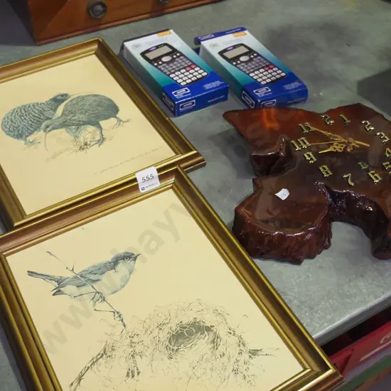 swamp kauri wall clock, 2x scientific calculators 