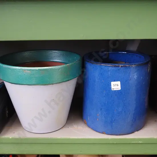 terracotta and blue glazed planters