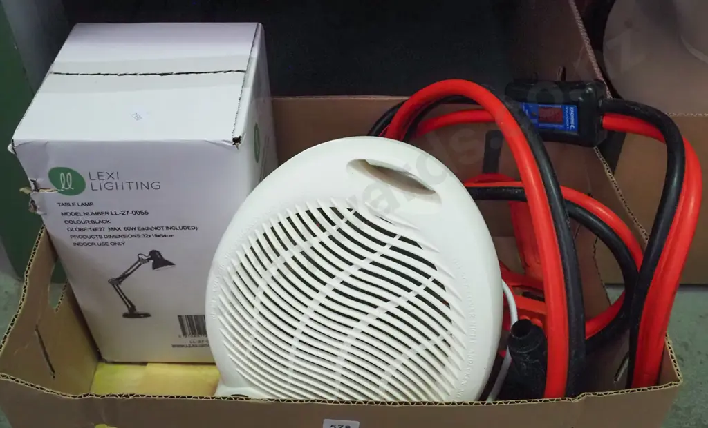 box; heavy duty jumper leads, fan heater, boxed as-new anglepoise desk lamp Image 1++