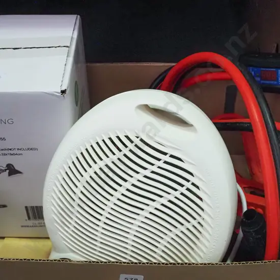 box; heavy duty jumper leads, fan heater, boxed as-new anglepoise desk lamp