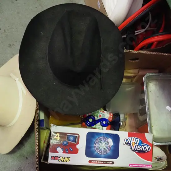 box; vintage scales, cowboy hats etc