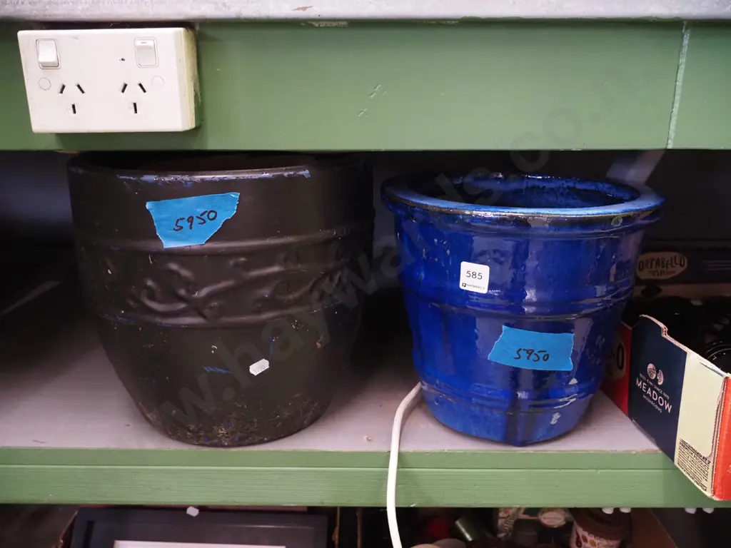 blue glazed and black painted planters Image 1++