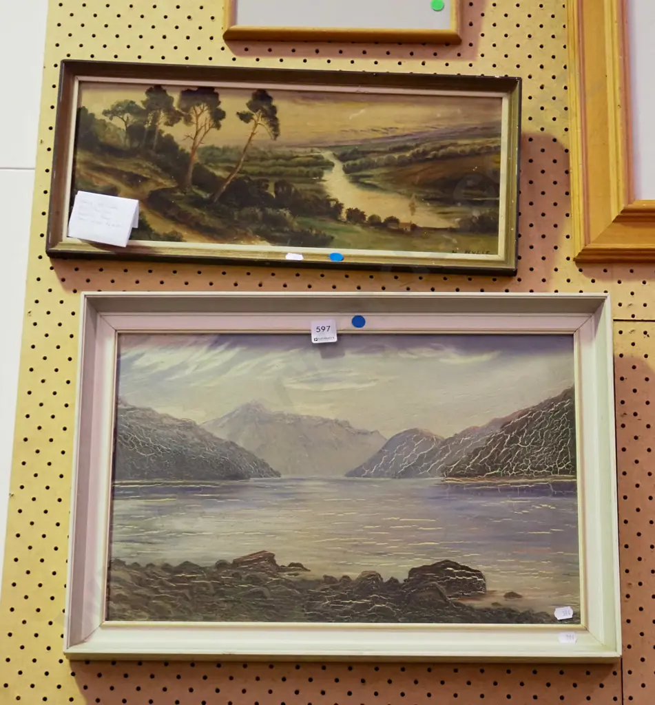 2x colonial oils on board - some crazing - blue dots Image 1++