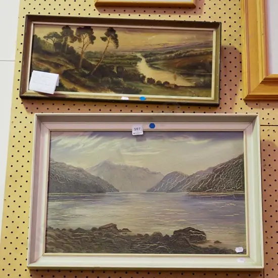 2x colonial oils on board - some crazing - blue dots