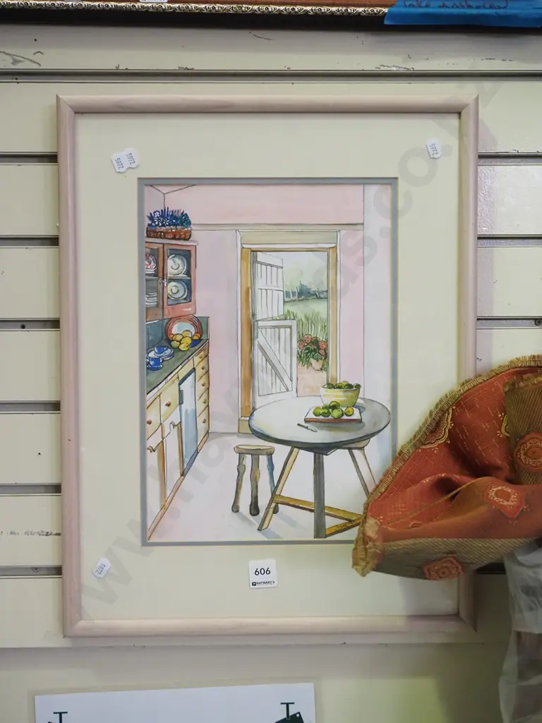 framed ink and watercolour - kitchen, door and garden Image 1++