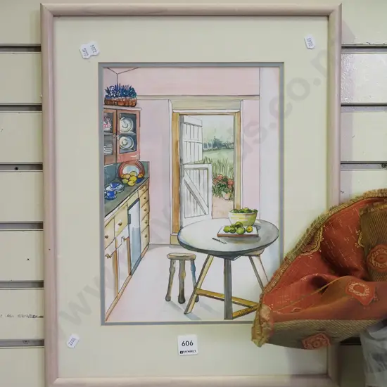 framed ink and watercolour - kitchen, door and garden
