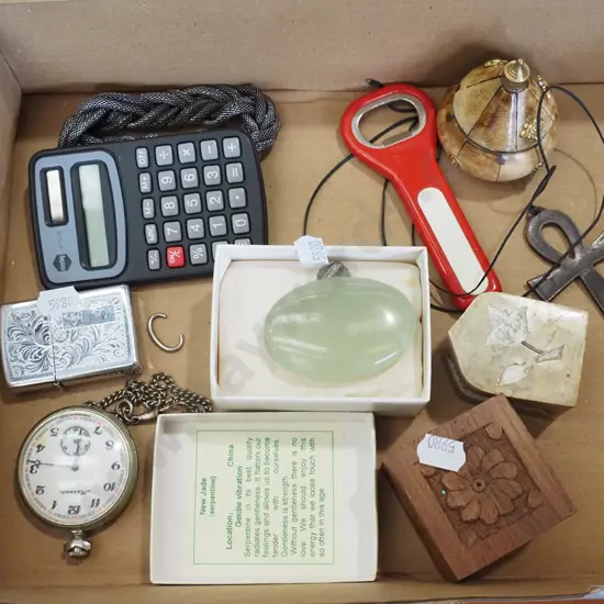 box; reproduction fob watch, calculator, lighter etc
