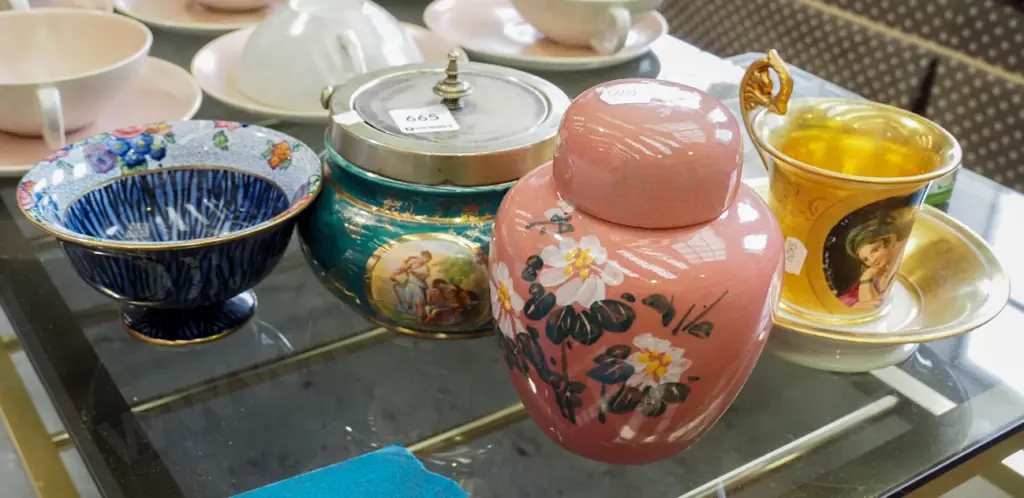 ginger jar, small bowl, golden cup and saucer, biscuit barrel Image 1++