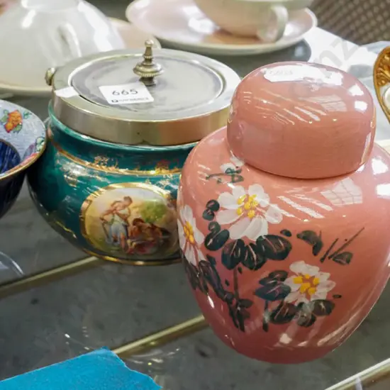 ginger jar, small bowl, golden cup and saucer, biscuit barrel