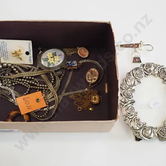 box; costume jewellery, plated floral photo frame