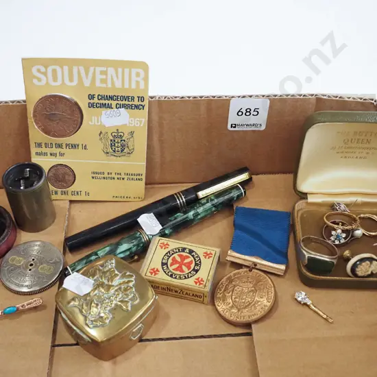 box; rings, trinket box, coronation medal, pens etc