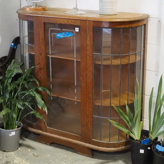 restorer's deco bow fronted china cabinet - some borer in legs, varnish needs attention H-1040 W-1070 D-370