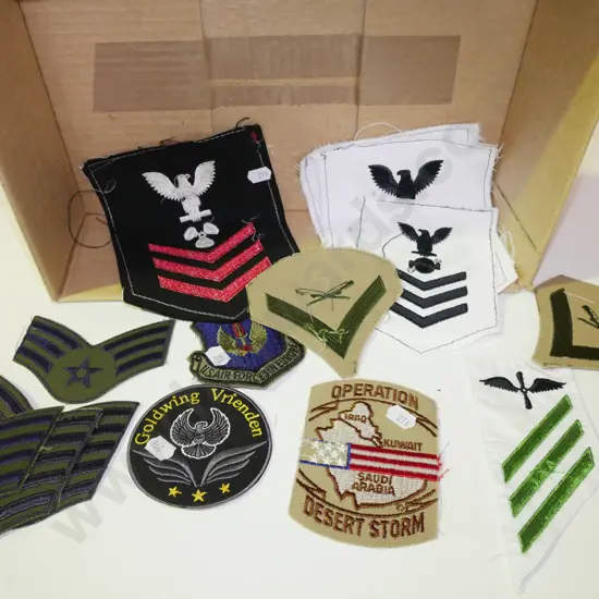 box of embroidered military patches