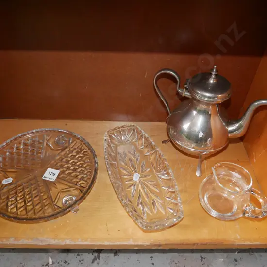 shelf; copper pot, glass creamer, cake stand, bowl