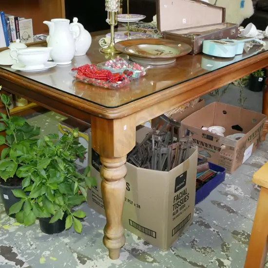 solid pine turned leg dining table with glass protective cover H-780 W-17900 D-1040