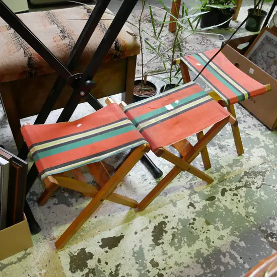 3x vintage wood and canvas stools