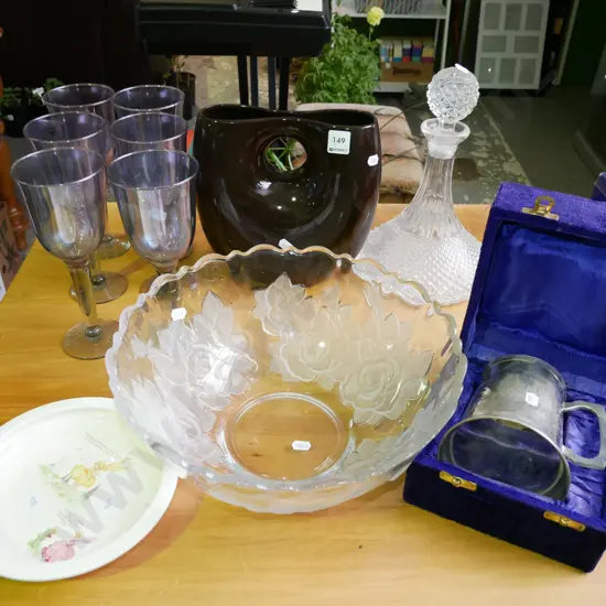 ships decanter, wines glasses, beer stein, baby bowl, glass bowl