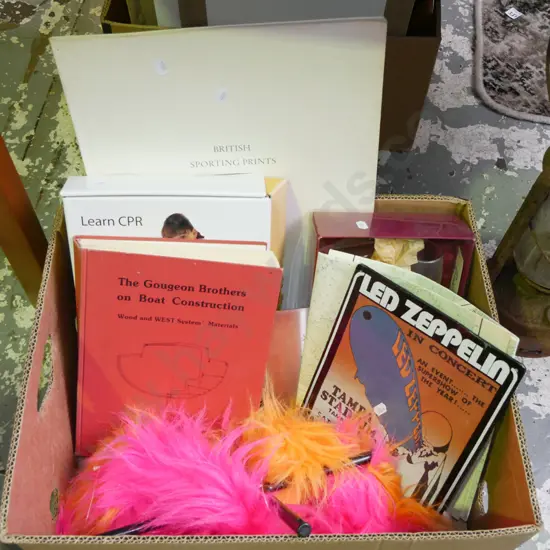 box; Led Zeppelin print, furry puppet, boat book etc