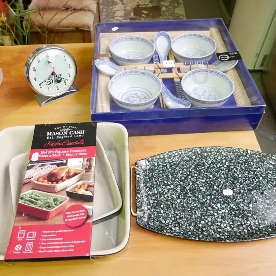 presentation Asian bowl set, alarm clock, paua tray, as-new baking dishes