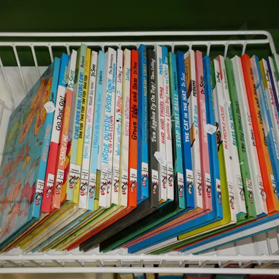 wire crate of various Dr Seuss books
