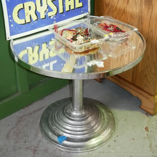 deco chrome based mirror top circular end table - some tarnishing H-470 Diam-540