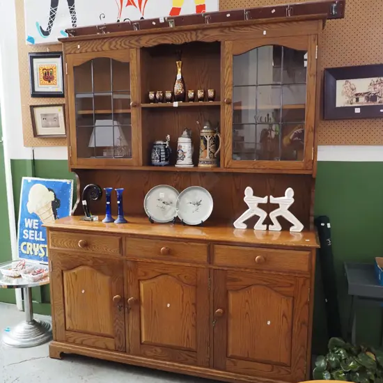 solid oak and pine wall unit -3 solid doors, 2 drawers, 2x leadlight doors