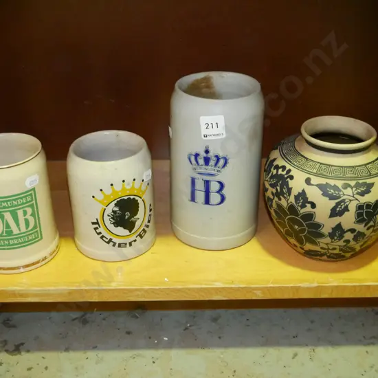 3x ceramic beer steins, vase