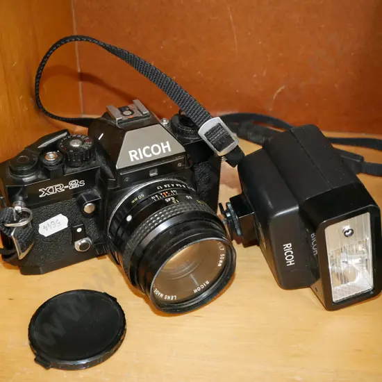 Ricoh XR-2s 35mm SLR film camera and flash