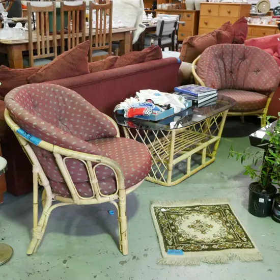 bamboo patio set - 2x upholstered tub chairs,  smoked glass top table