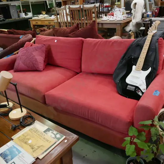 red upholstered 3 seater settee - some wear, needs a clean