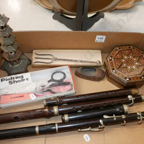 box; Middle Eastern trinket box, pickle fork, pinking shears etc