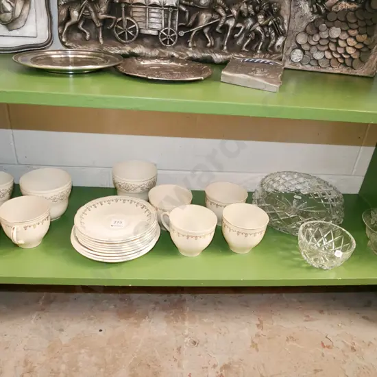 Meakin cups, saucers, crystal and glass bowls