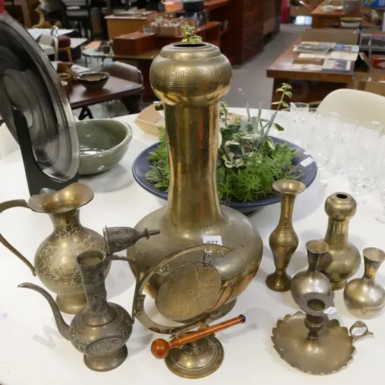 brass ware; gong, vases, candlesticks etc Tallest H-390