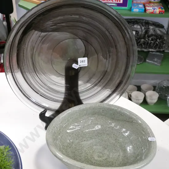 art glass plate, pottery bowl