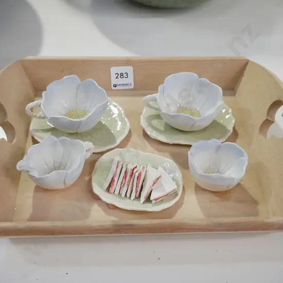 small wooden tray, studio pottery cups, saucers etc