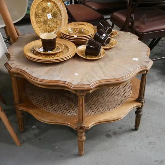 mahogany rattan and veneer top circular coffee table - varnish needs attention
