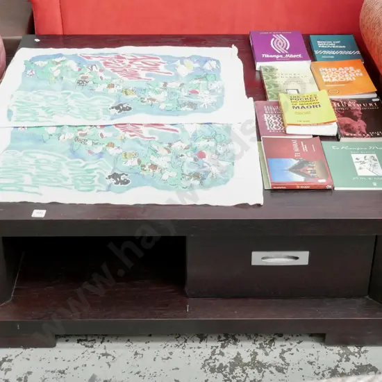 large modern dark stained coffee table with 2 internal drawers and storage space