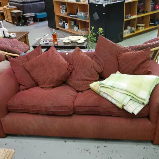 striped upholstered rolled arm 3 seater settee with 5 matching cushions