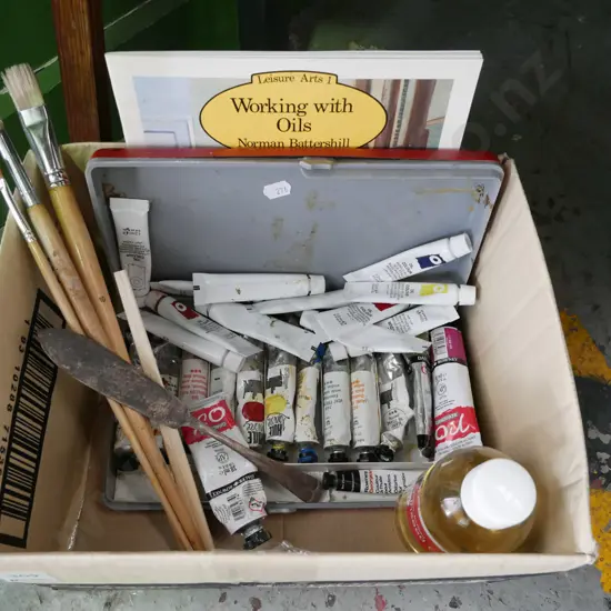 box of oil paints, linseed oil, brushes etc