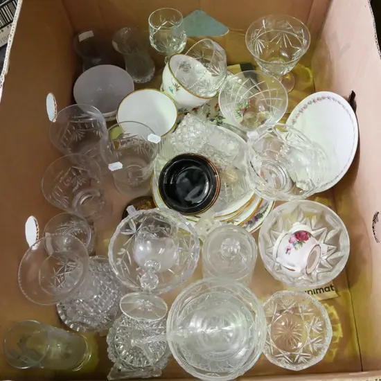 box; cut crystal bowls, honey pot, plates etc