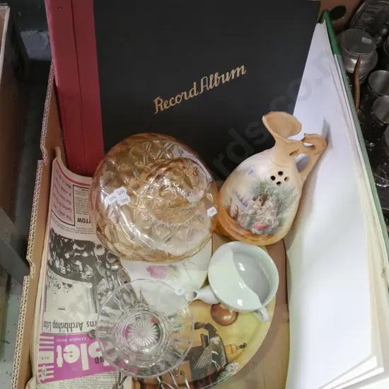 box; amber glass light fitting, ewer vase, artist's paper etc