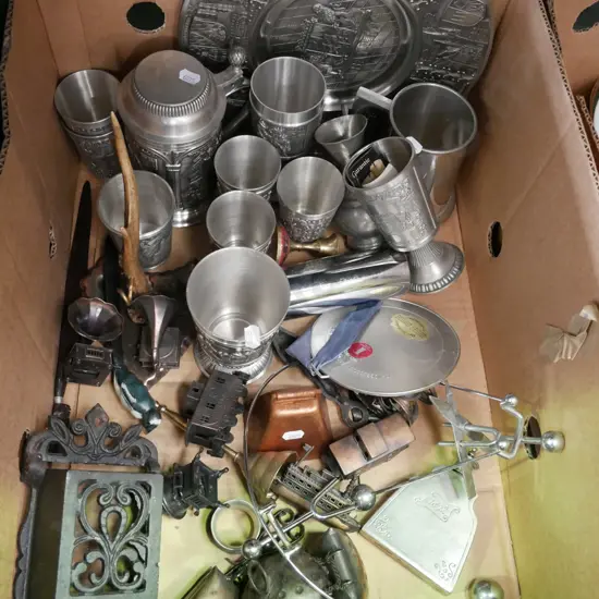 box; pewter tankards, plates, novelty pencil sharpeners etc