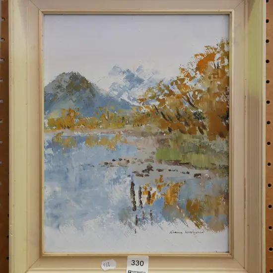 Robina Templeton oil on board - lake and mountains scene